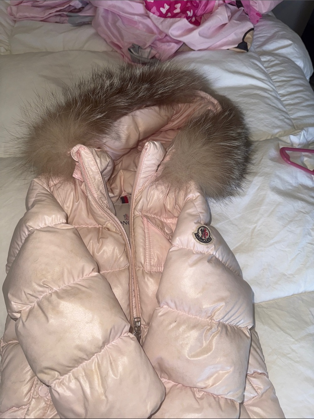Moncler Girls Light Pink Fur-Trim Hooded Puffer Jacket
